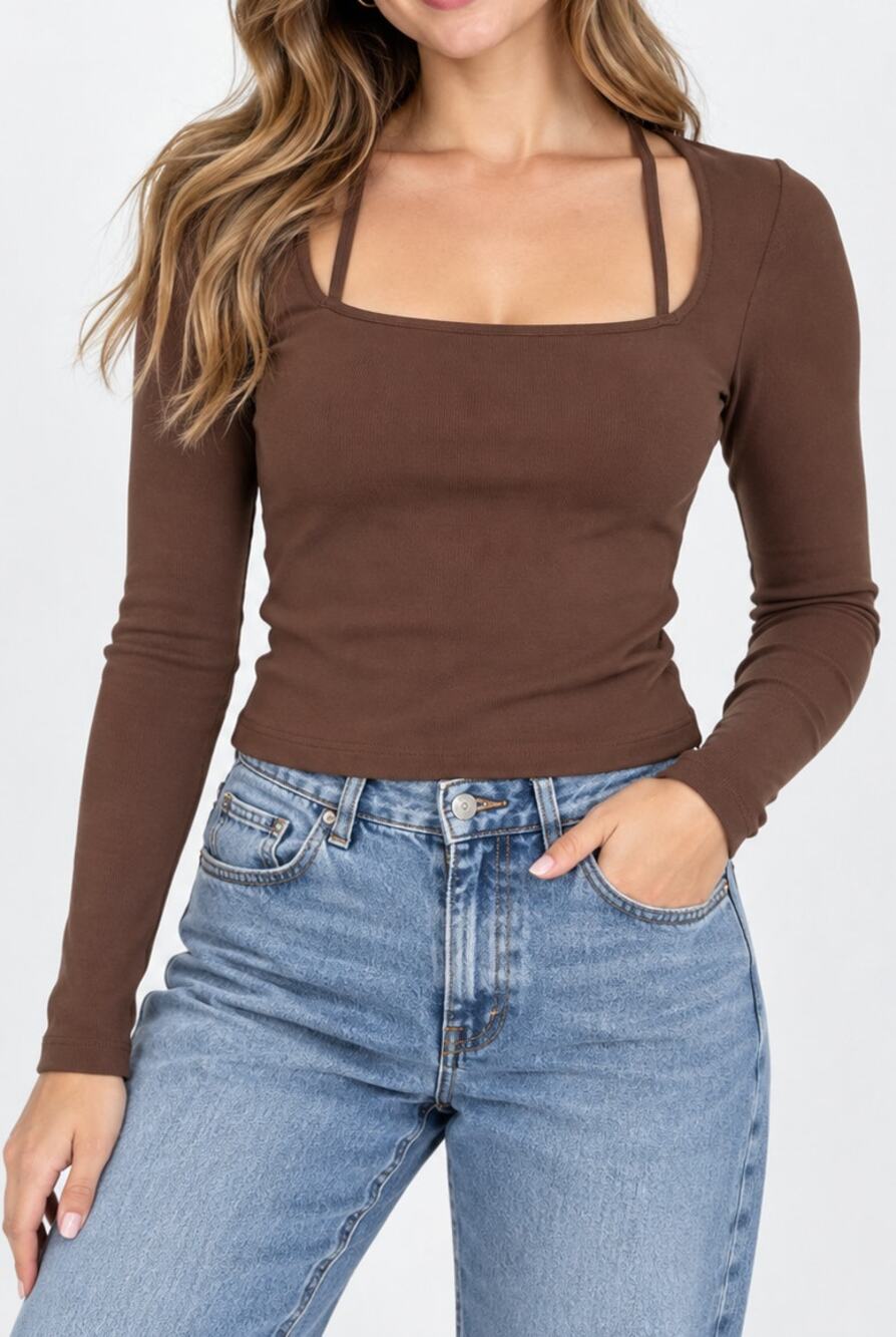 Abercrombie & Fitch Square Neck Long Sleeve Double Strap Crop Top Y2K Brown NWT
